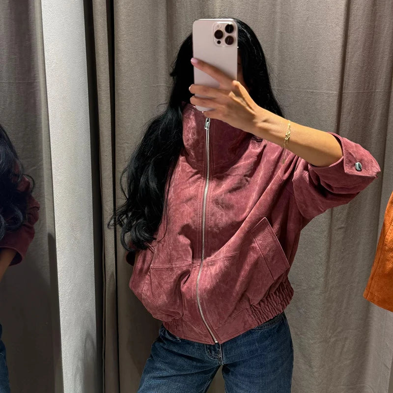 Women Dusty Faux Suede Bomber Jacket Stand Collar Zip Up Loose Drop Shoulder Elastic Hem Casual Fall Outerwear 2026 Fashion Coat