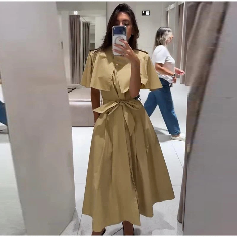 Women's Trench Style Midi Dress Stand Collar Cape Overlay Short Sleeve Belted Waist A‑Line Dresses Autumn Elegant Office Outfits