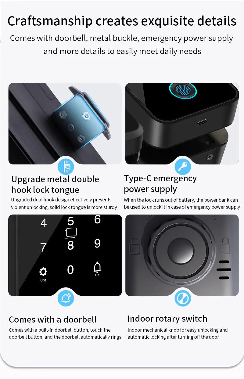 Multifunctional Smart Glass Door Lock Electronic Digit Biometric Fingerprint Tuya App Key Electric Smart Life Digital Door Lock