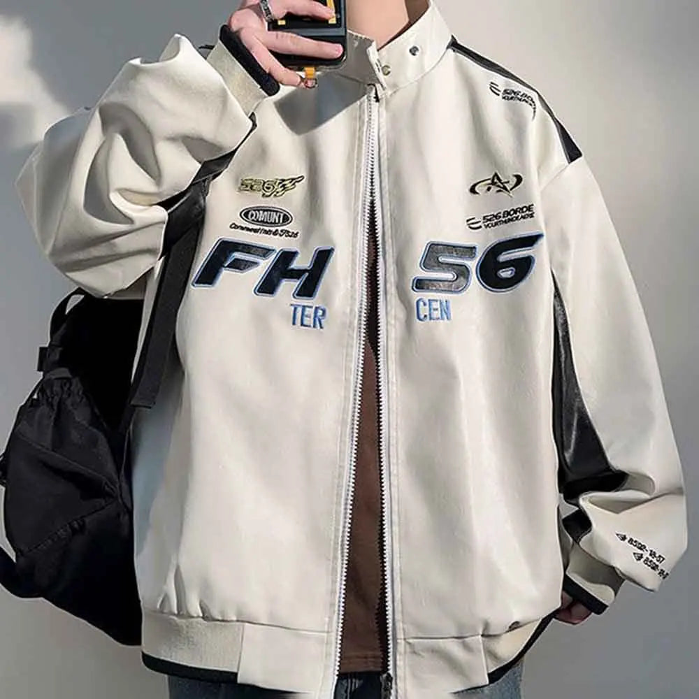 Men’s PU Leather Racing Jacket Oversized, Zip-Up Varsity Bomber Coat, Streetwear Motorcycle Style
