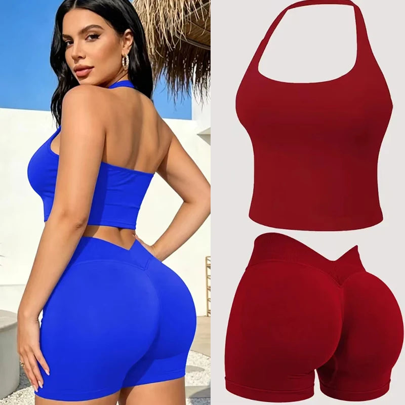 2DF-LOgo Women Halter 2Pcs Yoga Outfit PaddedCrop Tank High Waist Peach Butt ShortsSeamless Gym Pilates Sportswear