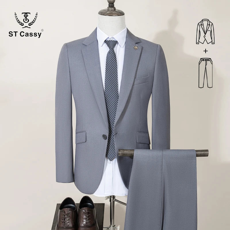 ST Cassy Dark Blue Men's Suit Slim Fit Solid Color Suit Formal Business Office Single Breasted Coat Pants 2 Pieces Set
