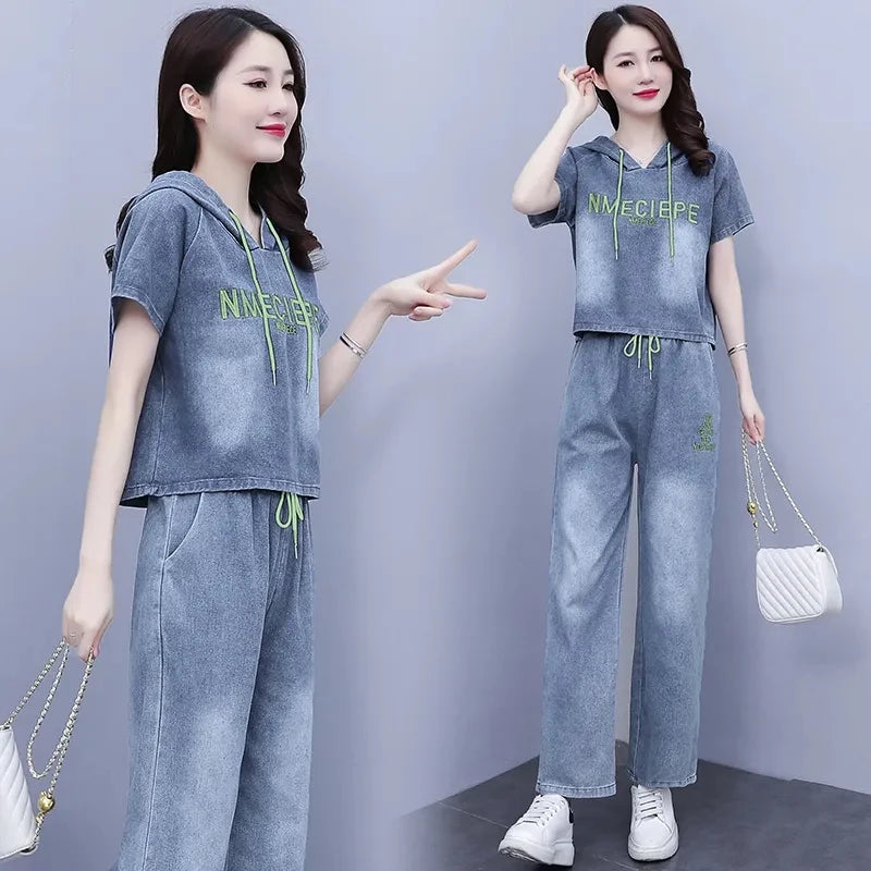 Summer Thin Jeans Set Women Fashion Short Sleeve Hooded Pullover Tops + Elastic Waist Wide Leg Pants 2PCS Female Denim Outfit