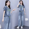 Summer Thin Jeans Set Women Fashion Short Sleeve Hooded Pullover Tops + Elastic Waist Wide Leg Pants 2PCS Female Denim Outfit
