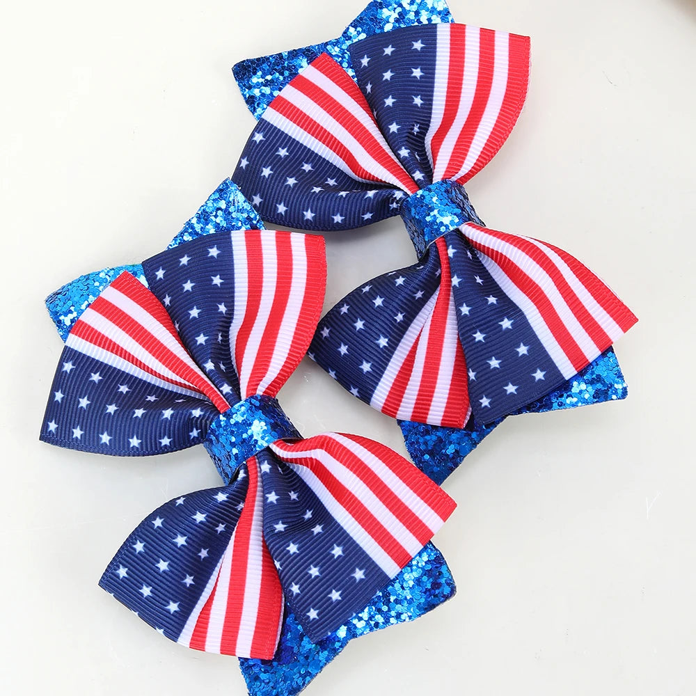 2Pcs USA Flag Bow Hair Clip Ribbon Patriotic American Flag Design Red White Blue Bow Barrettes For 4th Of July Party Accessories