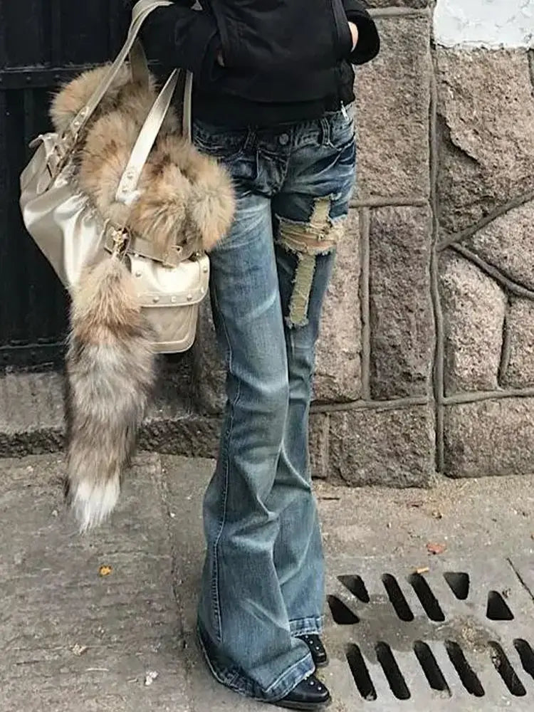 Y2k Aesthetic Women Zipper Denim Pant Spring High Waist Vintage Hollow Out Hole Harajuku Pants Streetwear Grunge Flared Trousers
