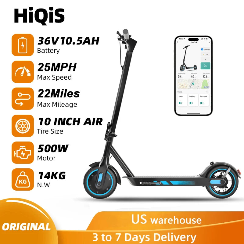 HiQiS V10 E-scooter 500W Motor 36V 10.5Ah 25 MPH Speed 22 Mile Range Foldable E-scooter 10 Inch Air Tire Electric Scooter