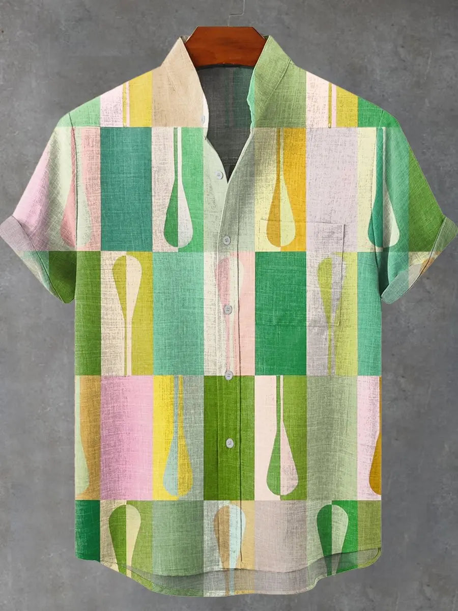 Summer Men's Short Sleeve Shirt Wave Vintage 3D Printed Casual Fashion Linen 100% Men's Beach Holiday Short Sleeve Shirt