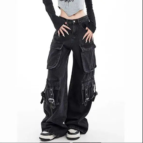Black Gothic Punk Multi-Pocket Zipper Denim Jeans Men And Women Y2K American Baggy Fashion High Waist Loose Wide-Leg Jeans
