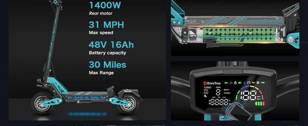 DT10 Adult Electric Scooter 1400W Peak Motor 50km/h Max Speed 48V16Ah 18650 Battery 50km Long Range Dual Disc Brakes Shock Suspension Absorbers System 330LB Maximum Load 10inch All-Terrain Tires NFC Unlocking Smart Display Fo