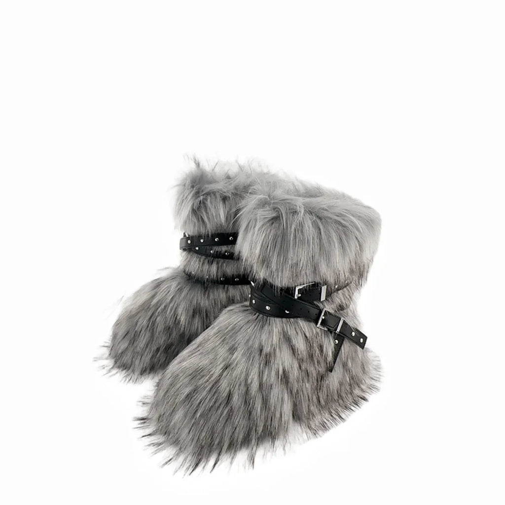 Winter Fur New Design Onepiece Raccoon FurFemale Snow Boots Fur shoes OutdoorMid Leg Boots y2k Cool Pink Girl
