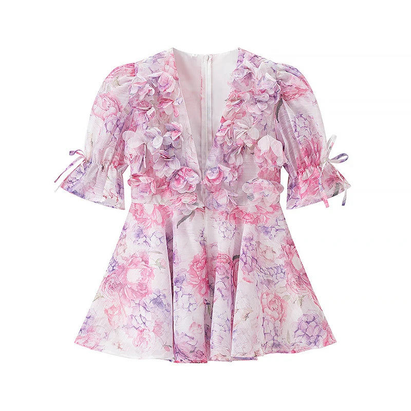 FSMG Sweet Pink 3D Flower Big Puff Sleeve V Neck Dress Fashion French Style High Waist A-line Mini Sexy Short Skirt Evening Robe