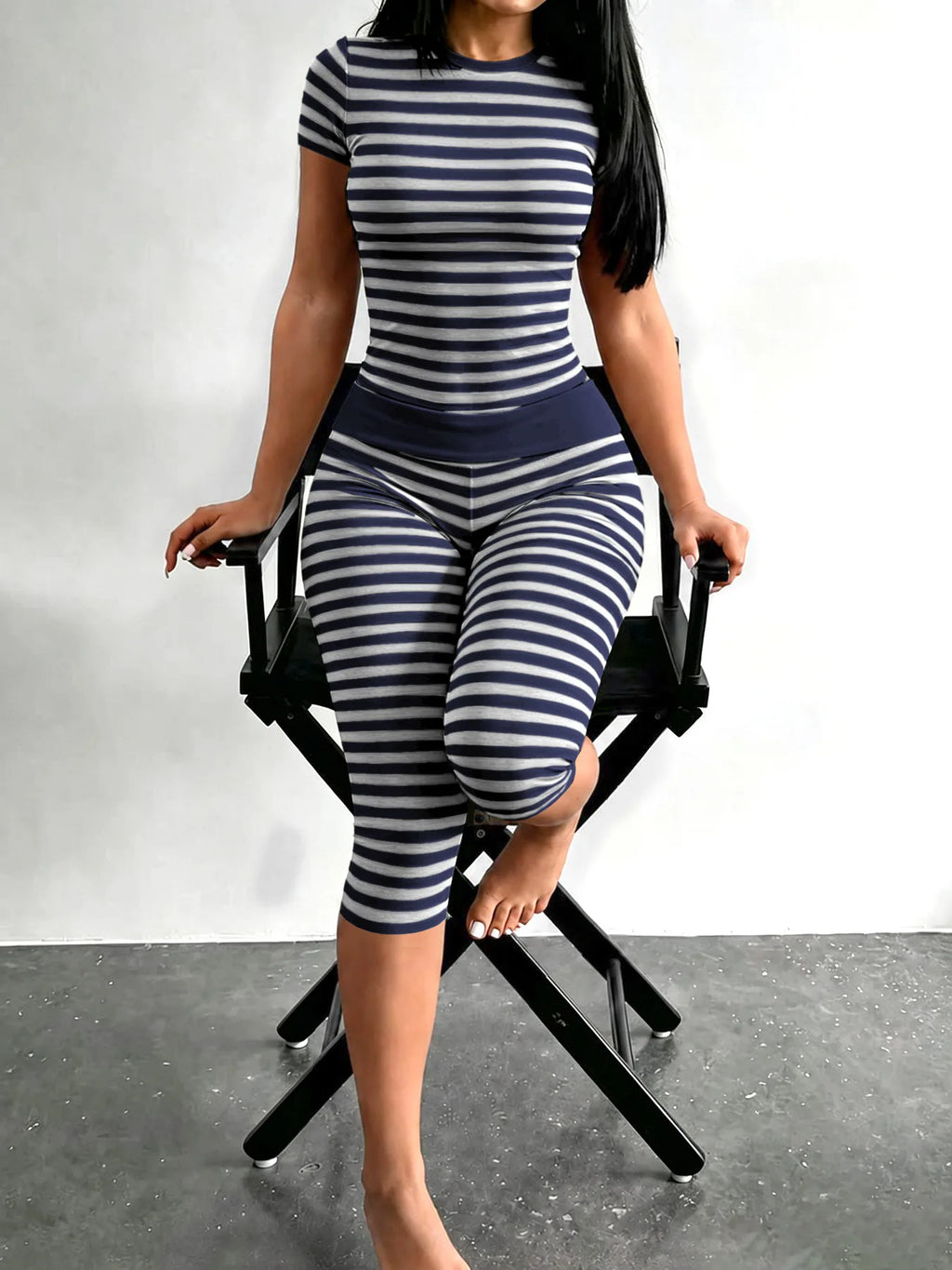 Stylish Lady Striped Two Piece Set Women Short Sleeve Top And Capri Leggings Bodycon Casual Home Workout Loungewear Fitness Suit