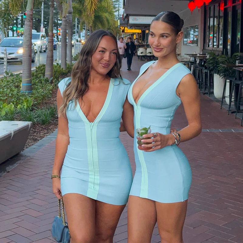 Elegant V-Neck Women's Dress Sleeveless Zippers Elastic Hip Package Lady Mini Dresses 2026 Summer Autumn Chic Female Robe