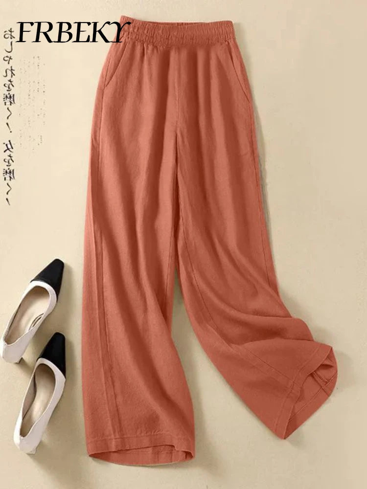 Women's Pants Summer Cotton Linen Wide-legged Elastic Waist Tie Casual Pants Loose Versatile High-waisted Straight Trousers