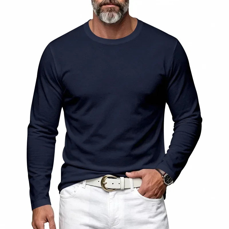 Autumn and Winter Men's Thin Casual Crew Neck Pullover Loose Versatile Breathable Commuter Long Sleeve Bottom T-Shirt