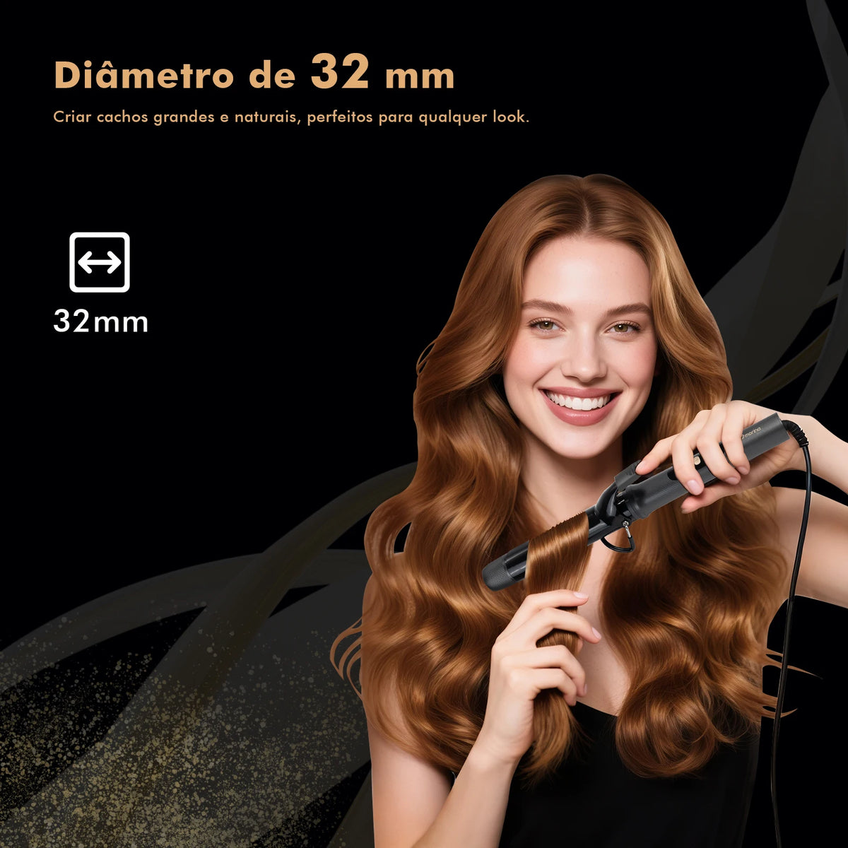 Hair Curler 32mm with LCD Display, Black and Gold, 5 Temperatures (140 °C-220 °C), Ceramic Coating, Bivolt 110-220V