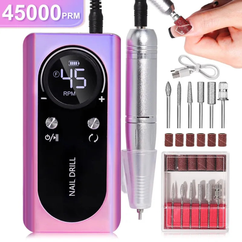 For Manicure Salon Tool Professional 45000RPM Electric Portable Nail Drill Machine Rechargeable Low Noise Nail Sander File