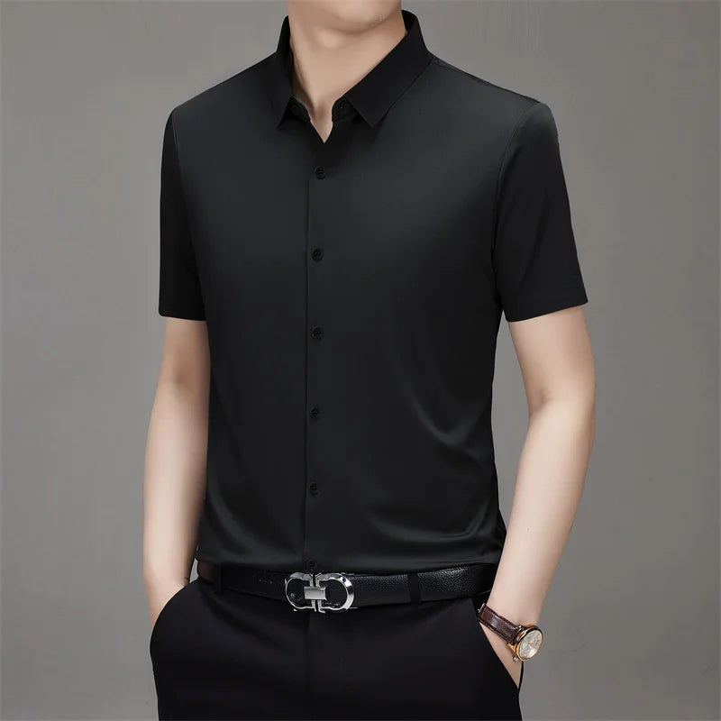 New Men's Business Casual Solid Color Short Sleeved Shirt for Summer Fashion No Ironing Comfortable and Versatile Top