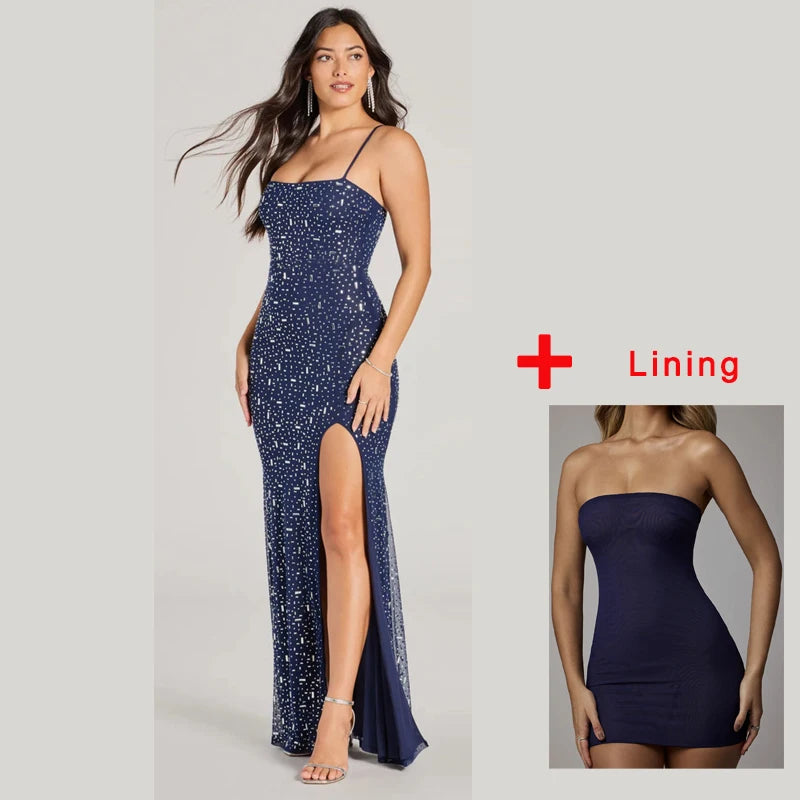 Light Luxury Nightclub Party Sexy Suspender Dress Spring and Summer New Women Fashion Bright Diamond Side Slit Hip Hugging Dress
