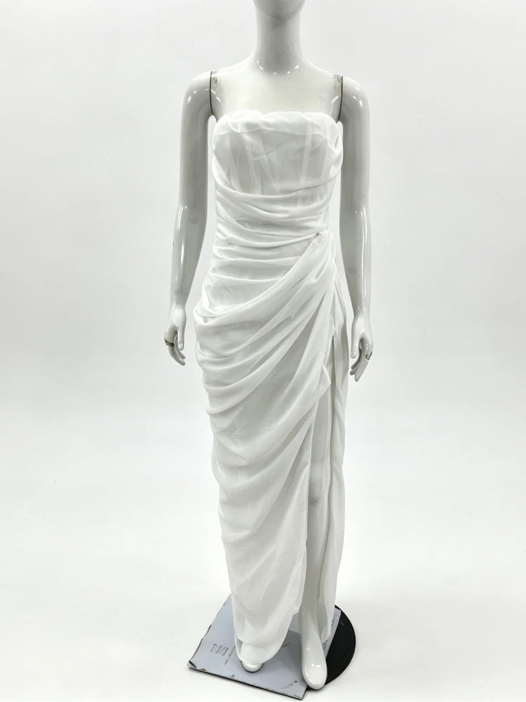 Elegant Backless Long Skirt Solid Color Simple High-Grade Waist Side-Opening Design Sexy Dinner Dress Celebrity Style