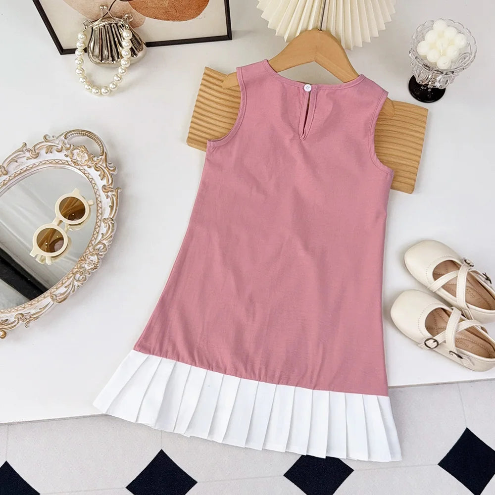 Black Bow Decoration Girls Dress Summer Sleeveless Princess Dresses Color Blocked Children's Clothing 3 To 7 Years Wear