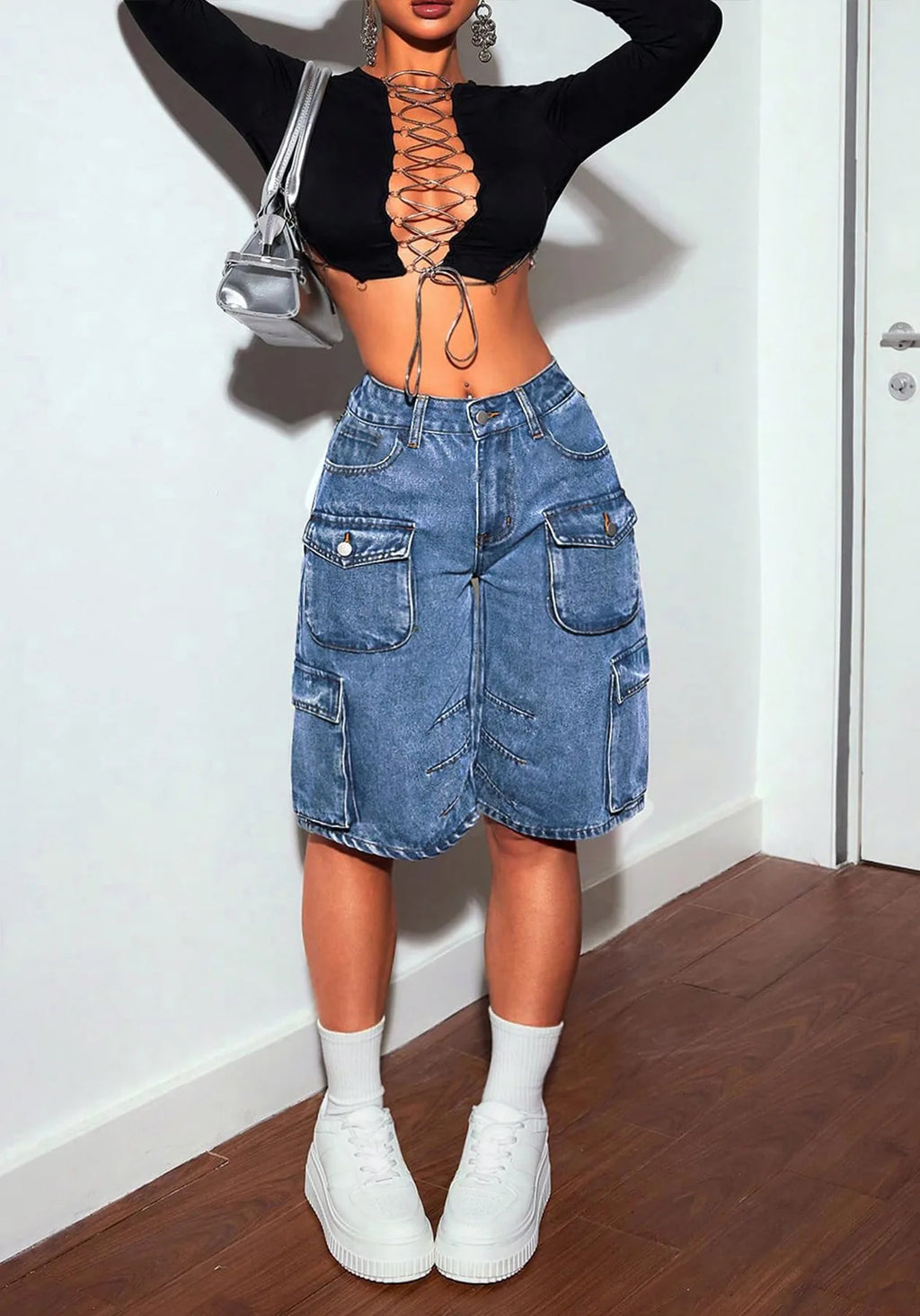 Shorts Women Knee Length Cargo Jeans Multiple Pockets High Waist Washed Distressed Streetwear 2025 Summer Denims Short Pants