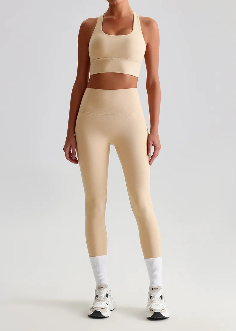 Naked Feel Yoga Set Women Fitness Sportswear 2 Piece Strappy Sports Bra High Waist Gym Leggings Workout Outfit Active Wear