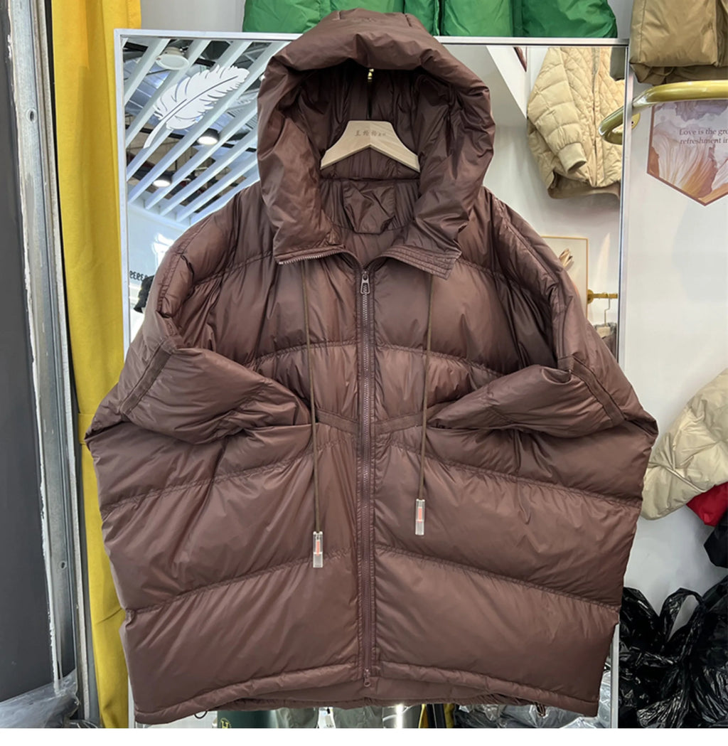 2025 New Winter Women 90% White Duck Down Jacket Casual Loose Over Size Warm Parka Female Drawstring Hooded Puffer Coat