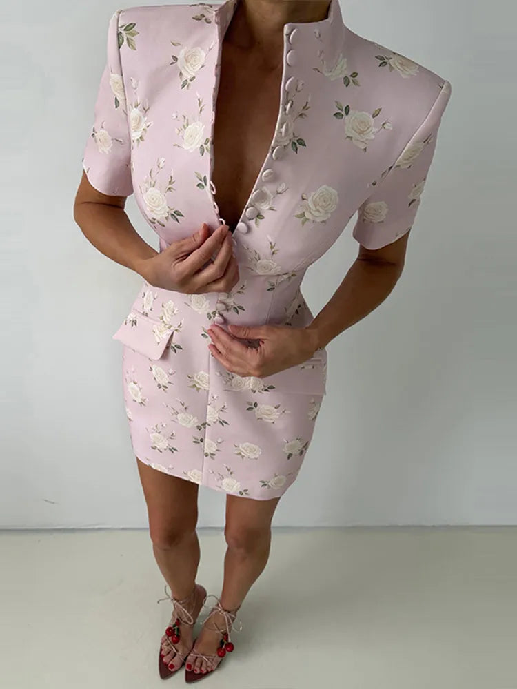 Sexy Print Women's Dress Multi Button Shoulder Pad Waist Cinching Package Hip Short Sleeved Dresses Fashion Summer Daily Wear