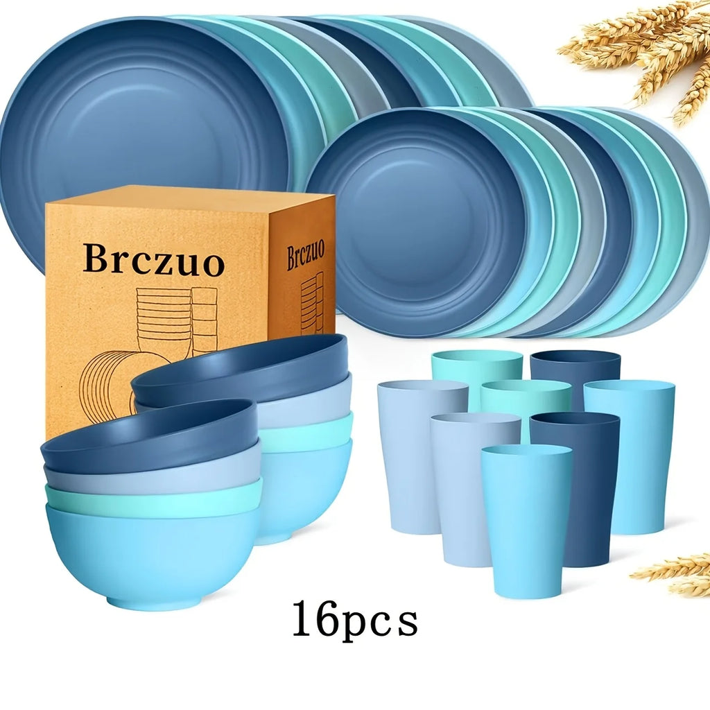 16Kitchen Set Made from Plastic Wheat Straw, Suitable for 4/8 People, Includes Plates, Dessert Plates, Cereal Bowls,