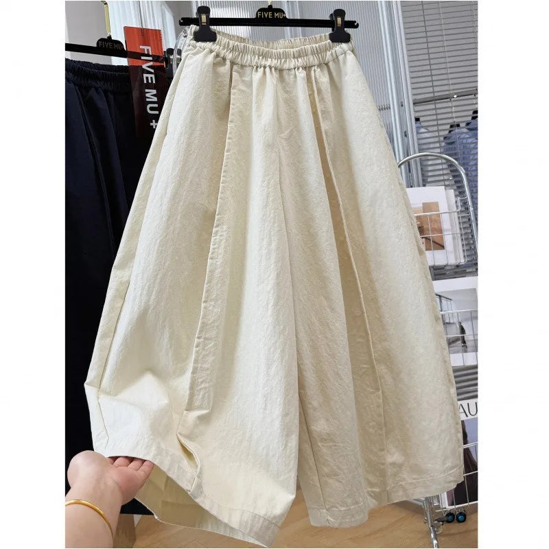 Women Elastic Waist Loose Wide Leg Cropped Casual Pants Lightweight Baggy Culottes