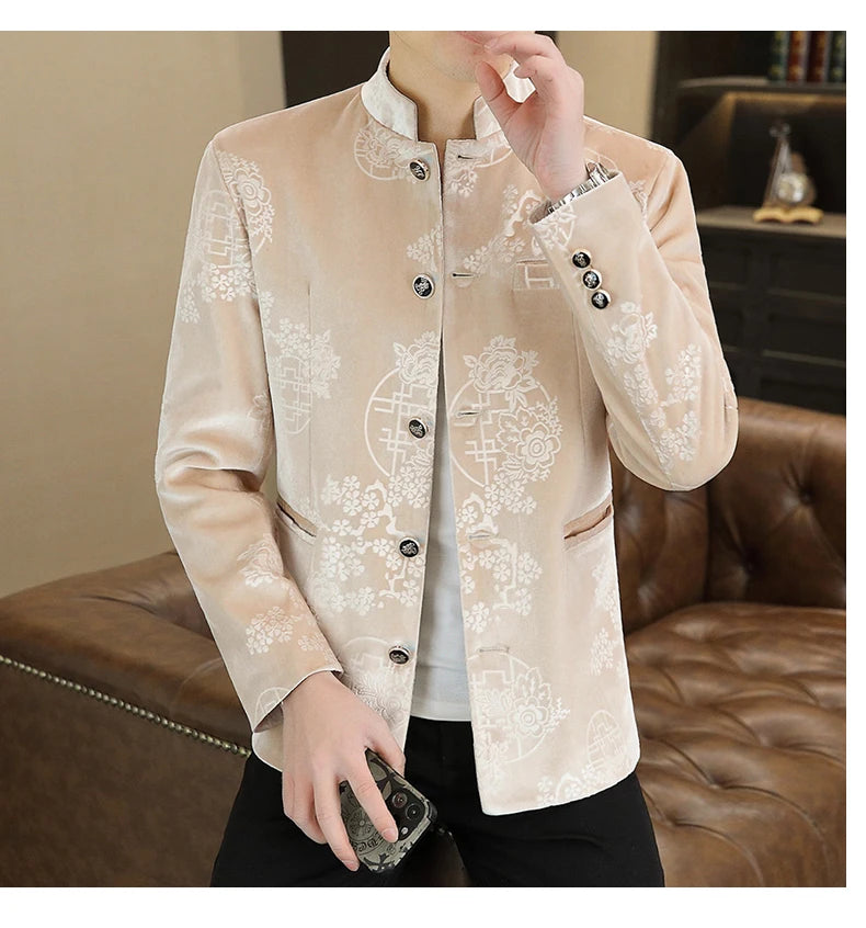 Blazer New Men's Fashion Business Gentleman Wedding English Style Banquet Chinese Jacquard Satin Outdoor Casual Slim Blazer