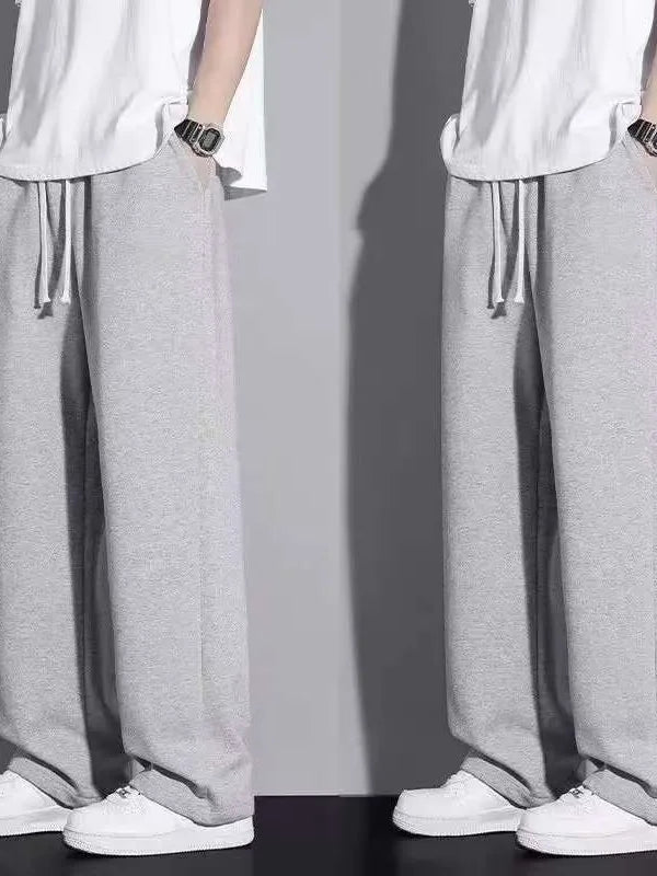 Men's Casual Straight Leg Drawstring Sweatpants Versatile Leisure Long Trousers Student Sports Pants Polyester Fiber Elastic