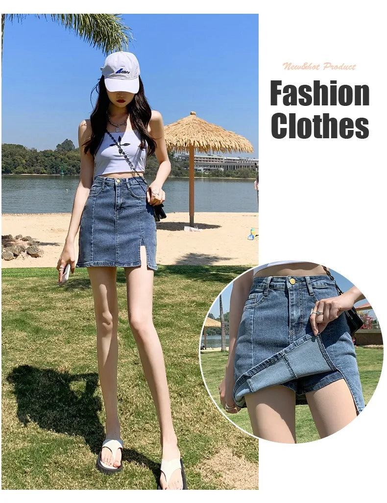 Denim Short Skirt Women's New Summer High Waist Split Half Body Retro Wrapped Hip Skirt  A-line Pant Skirt
