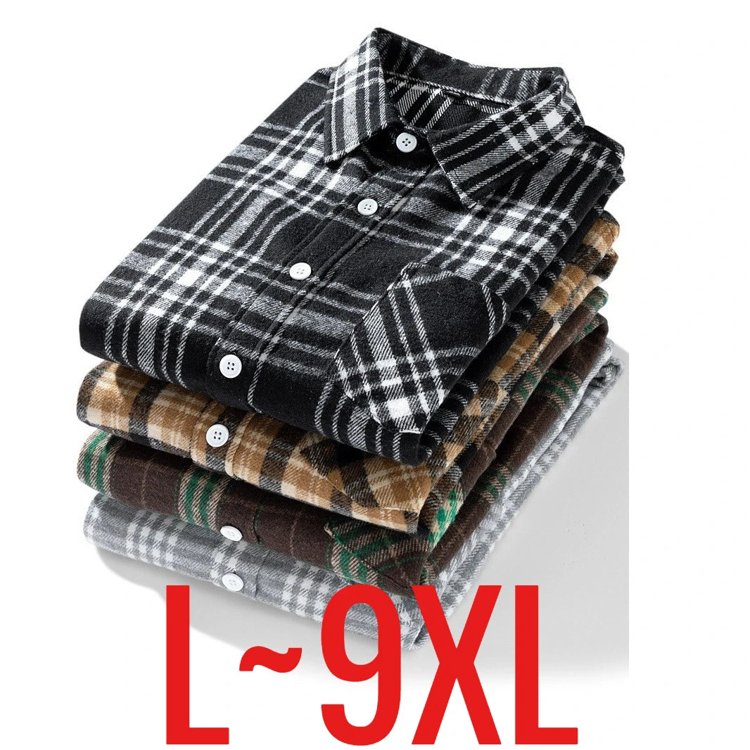 Big Size 9XL Men Flannel Plaid Shirts Long Sleeve Oversize Tops Male Loose Autumn Winter 69% Cotton Streetwear Plus Large Casual