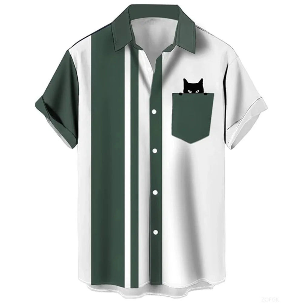 Cat Cartoon Print Shirt] Plus Size 3D Digital Print Cartoon Fun Men's Short Sleeve Button Shirt Fashion Hawaiian Vacation Shirt