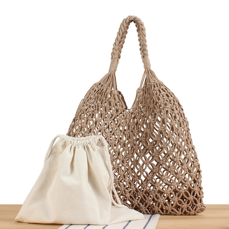 Hollow Crochet Mesh Woven Shoulder Bag With Inner Pocket,Women Solid Color Handbag,Summer Work Beach Vacation Commuting Tote Bag