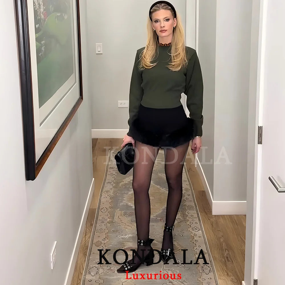 KONDALA Sexy Chic Black Fur Patchwork Shorts Women Fashion 2026 Party Evening Club Wide Leg Shorts Elegant Y2K Girl New Year