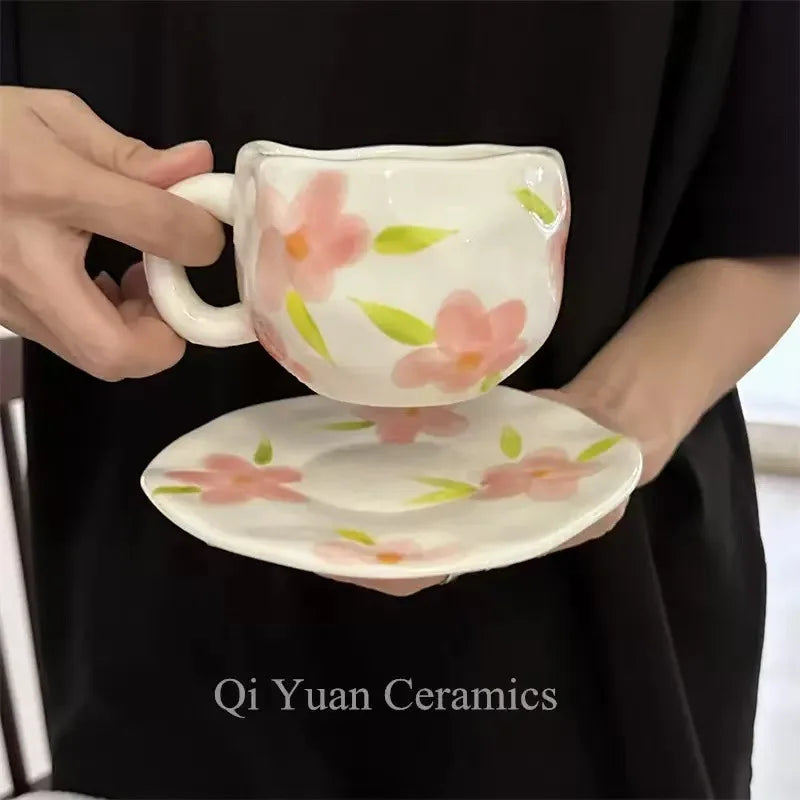ins style retro flower ceramic cups and saucers, hand-squeezed irregular coffee cups and saucers, afternoon tea cups and saucers