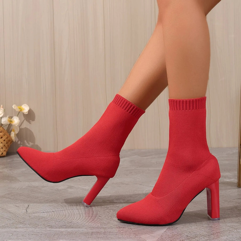 2024 New Autumn Winter Thick High-heeled All-match Thin and Thin Boots Women's Pointed Toe Mid-tube Elastic Socks Boots Women