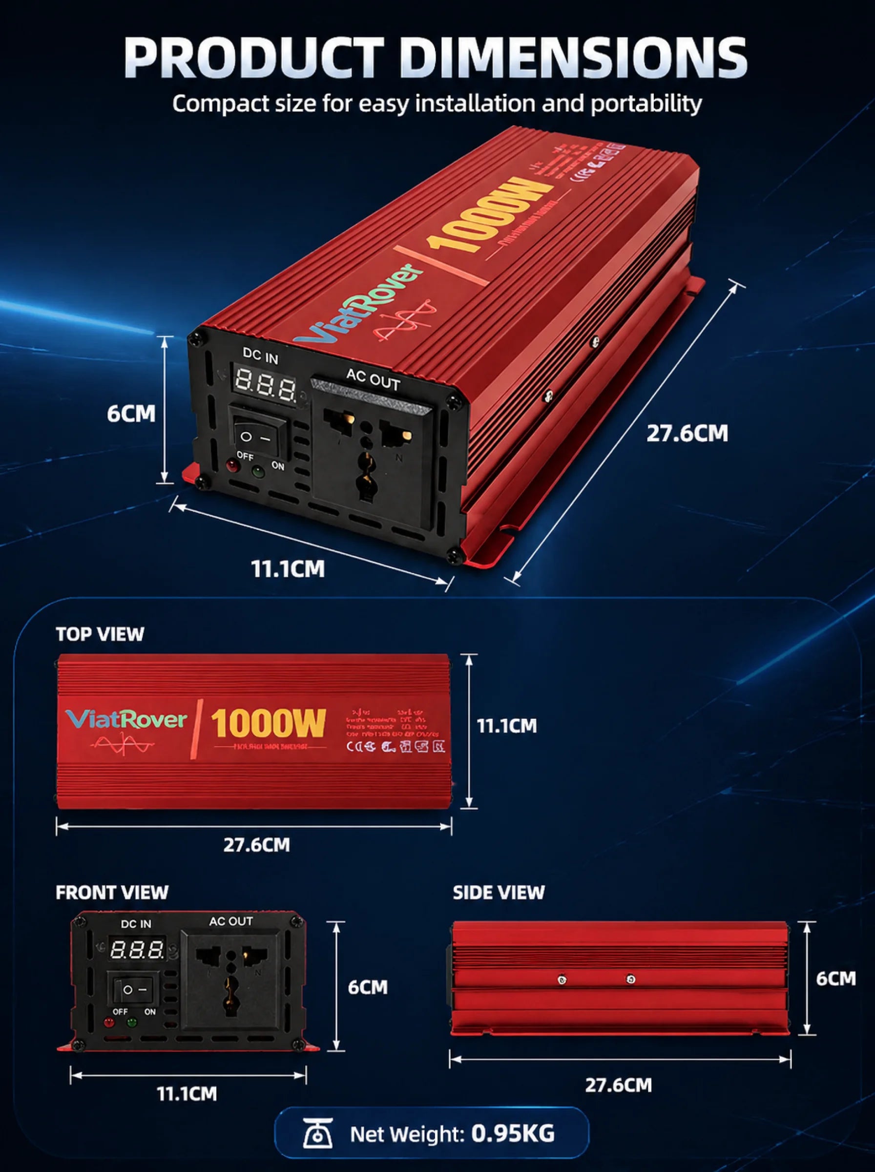 Pure Sine Wave Inverter 1000W 12V/24V To 110V220V Power Converter LCD Display