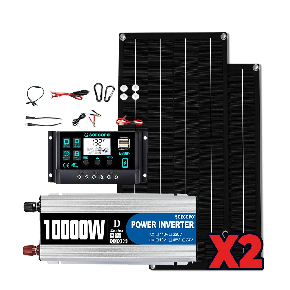 SOECOPO 10000W High-Efficiency Solar Kit 2x800W Panels 100A Controller 12V to 110V 220V Inverter for Boat RV Camping Off-Grid