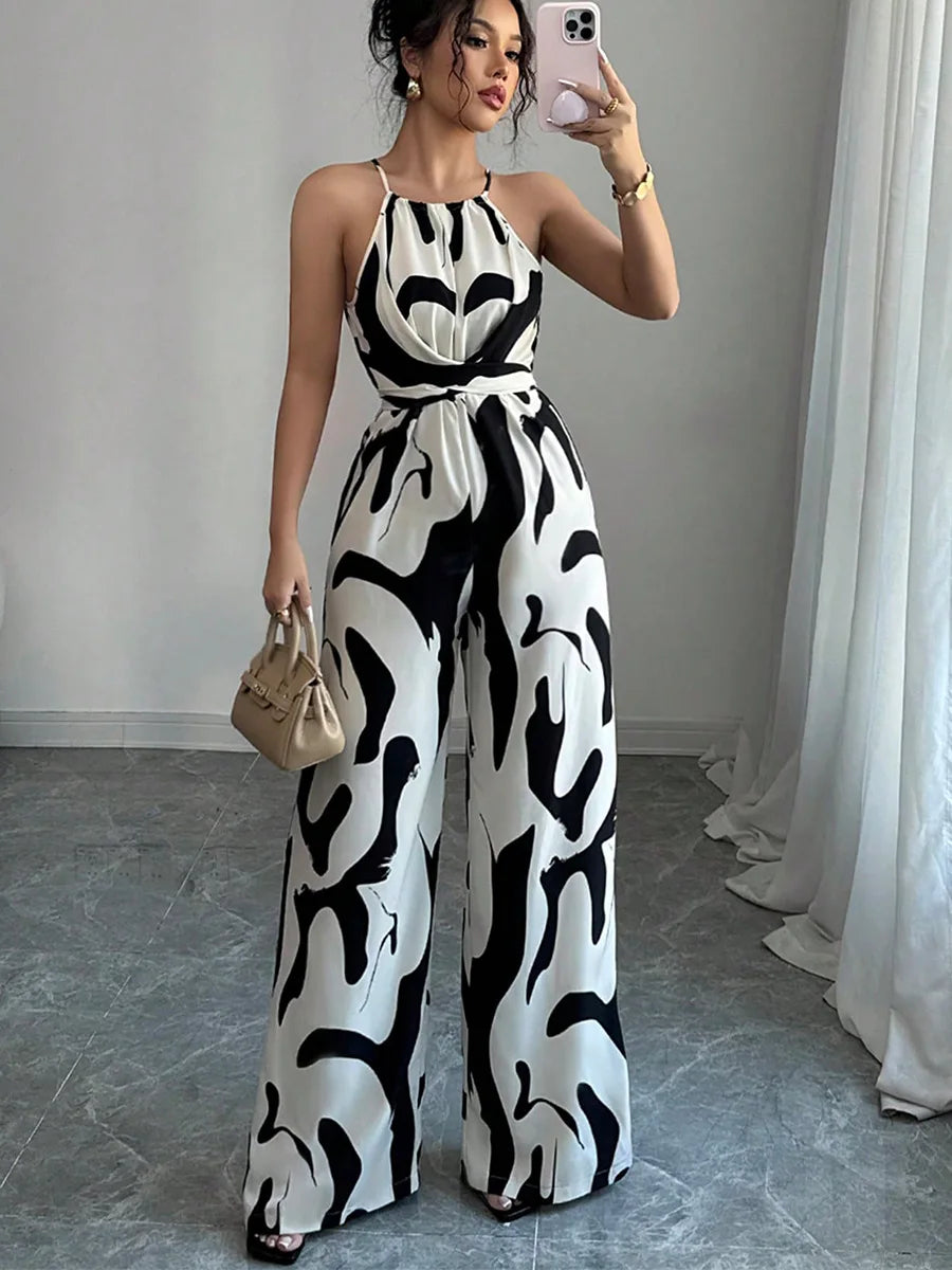 Women's Sexy Halter Neck Jumpsuits Casual Pants Rompers for Women Geometric Print Jumpsuit Party Outfits for Women Ropa Mujer