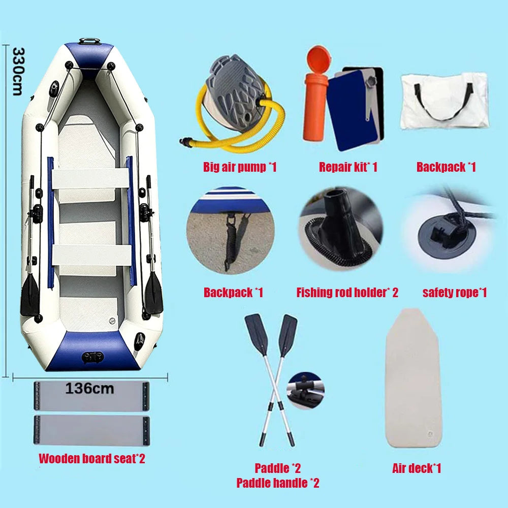 Inflatable PVC Boat Rowing Kayak, 3.3m, 5 Person, Fishing Canoe Dinghy with Accessories for Outdoor Water Sports