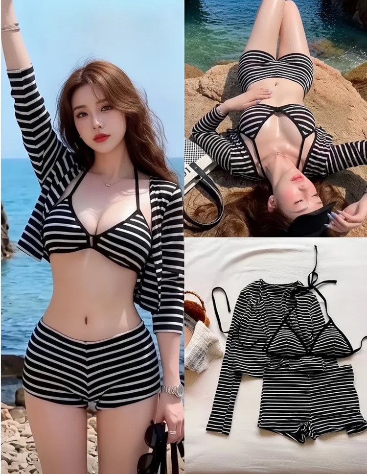 Women V Neck Striped Three Piece Split Bikini Tummy Control Conservative Shorts Swimsuit Sexy Beach Vacation Spa Summer Suit
