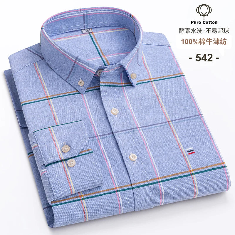 2024 Fashion Men Work Business Brand Shirt Mens Plaid Cotton Casual Dress Shirts Slim Fit Long Sleeve Button Down  Chemise Homme