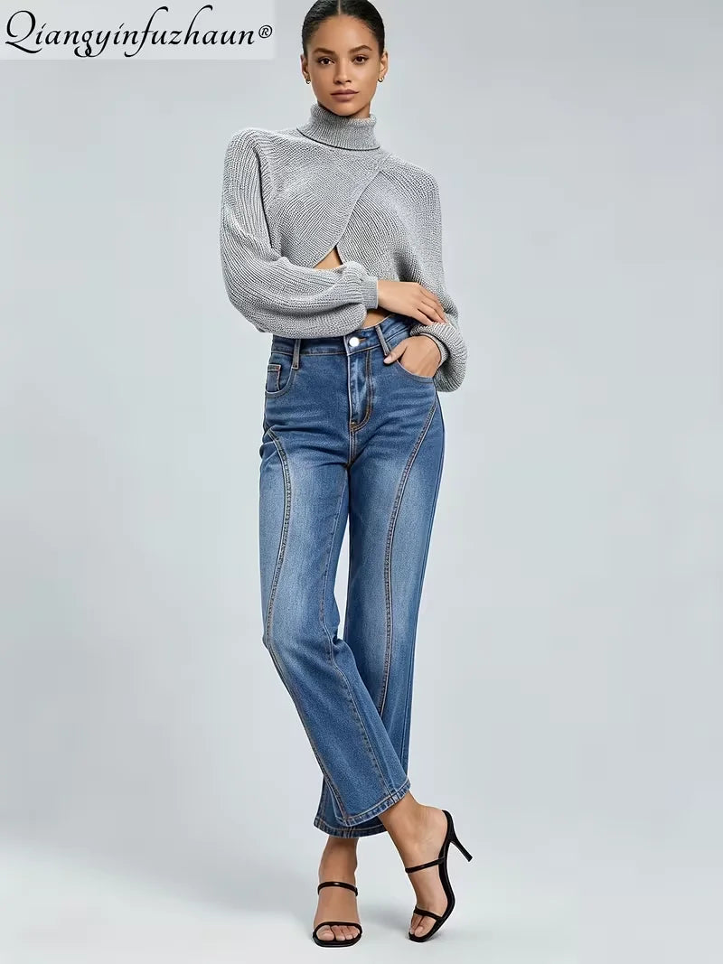 Small-scale design wash denim straight-leg pants for women, S-shaped spliced style, fits well, slimming effect, suitable for dai