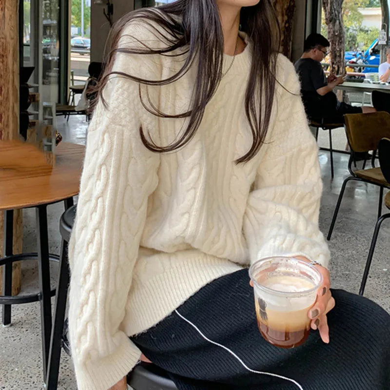 Autumn Winter Thicken Warm Pullover Sweater Women Vintage Loose Twist Knitted Jumper Woman All-Match O-Neck Long Sleeve Pullover