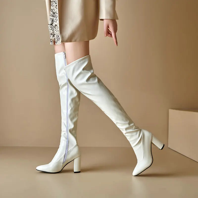 New Red Thigh High Women Boots Side Zip Pointed Toe Winter Shoes Elastic Patent Leather Over-the-Knee Boots Plus Size 44 45 46